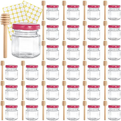 Tebery Paquete de 30 tarros de cristal hexagonales de 1.5 onzas con boquilla de madera, tarros pequeños de miel con tapas y etiquetas rosadas, para regalos, regalos para fiestas de boda, 45 ml