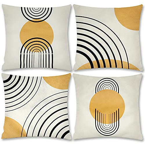 Thideape Mid Century Moderne Wurfkissen, 50.8x50.8 cm, 4 Stück, schlichte, moderne Dekoration, Boho-Kissen, gelb, abstrakt, schwarz, gestreift, goldfarben, dekorative geometrische Muster, Couch, Sofa
