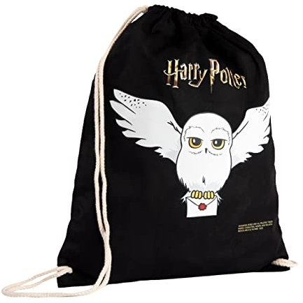 United Labels Harry Potter Turnbeutel 37x46 cm, Schwarz, Baumwolle, Sportbeutel mit Kordelzug, Hedwig Stoffbeutel für Reisen und Sport