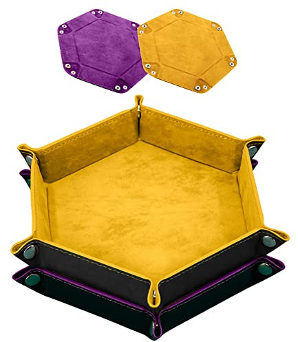 SIQUK 2 Stück Würfelbretter Doppelseitig Würfelbrett, Samt Faltbar Würfeltablett Hexagon Würfelteller Leder Würfelbretter für RPG DND Dragons Würfel Gaming (Gelb, Violett)
