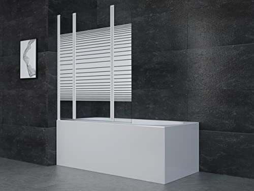 MARWELL Badewannenaufsatz White Lines 125x140 cm – 3-teilige faltbare Duschwand in matt weiß – Duschabtrennung aus 4 mm Einscheibensicherheitsglas für Badewanne