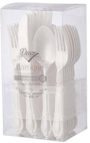 Decor Decorline - Ensemble de couverts réutilisables en plastique robuste - 40 pièces - Chacun avec 20 fourchettes, 10 couteaux et 10 cuillères - Baroque Collection - perle