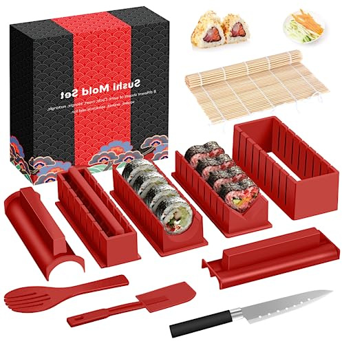 HI NINGER Kit de lujo completo para hacer sushi Edición Deluxe Juego completo de máquina de sushi 12 piezas Prensa de molde de sushi para el hogar con formas de molde de rollo de arroz de sushi