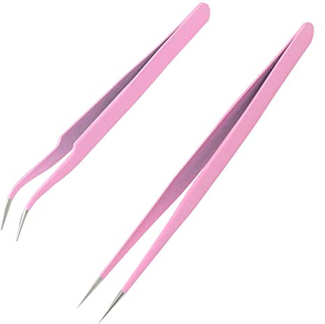 Sularpek 2 Pezzi Pinzetta, Pinzetta Extension Ciglia, Pinzette Diritto e Curvo Tip Pinza, Pinzette per Peli Incarniti Rimozione di Punti Neri Appuntiti in Acciaio Inossidabil (Rosa)