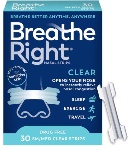 Breathe Right Nasal Strips, Clear Small/Medium Nose Strips, Snoring, Nasal Congestion, Deviated Septum, Allergies, 30 Ct (Packaging May Vary)