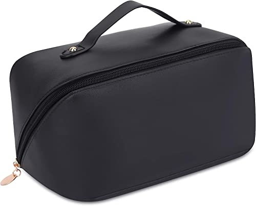 Reise Kosmetiktasche Mit Großem Fassungsvermögen，Tragbare Reise Make Up Tasche, Wasserdichter Lede-Organizer,Kulturtasche Mit Trennwand Tasche Organizer für Kosmetik-Reisetasche (Schwarz)…