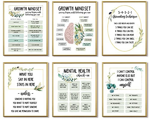 Poster für psychische Gesundheit für Kinder, 6 Stück, Wachstumsmindset und motivierende Zitate, Erdungstechniken, Wandkunst für Klassenzimmer, Therapie oder ruhige Ecke (20,3 x 25,4 cm, ungerahmt)