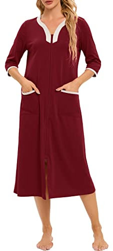 Rubehoow Long Nightgowns for Women Short Sleeve Mumu Sleep Dress Pleated Loungewear with Pockets (Wine Red,XL)