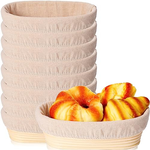 Gejoy Ovaler Banneton Brotgärkorb Set von 8 Stück, 25,4 cm Sauerteig, Brotbackschüssel-Kit mit Stoffeinlagen und Teigschabern, natürliches Rattan, Brot, Banneton, Sauerteigschale, Korb für Bäcker
