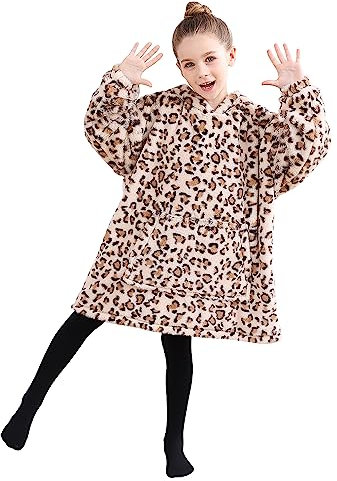 Wearable Blanket Hoodie für Kinder Kleinkinder, kuschelig warm und weich Kapuze Decke Sweatshirt mit großer Tasche, Beige Gepard Druck Kunstpelz niedlichen Hoodies für Kinder 2-6 Jahre alt Geschenke