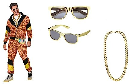 80er Jahre Trainingsanzug Partnerkostümset Leopard - inkl. Brille und Goldkette - Gr. S bis 2XL M - 170-175 cm Oktober Fest Fasching