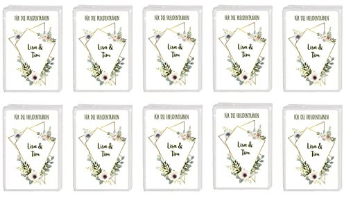 Herz & Heim® Taschentücher 10 x 10 in personalisierter Packung zur Hochzeit, verschiedene Motive Blütenornamente auf geometrischen Formen
