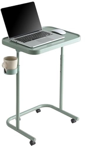 Keepo Metal TV Tray with Wheels/Casters, Side End Table, Adjustable Meal Tray, Folding Laptop Table with 3 Heights, 0 to 90 Degrees Tilt Angles, Portable Over Bed & Sofa Stand Desk (Gray Green)