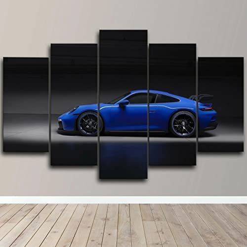 Modern Bild Wandbilder Kunstdrucke 5 Teilig, Blaues Auto Rahmenlos 150 X 100 Cm Poster Hd Print Plakat Vlies Leinwandbild Wohnung Wohnzimmer Schlafzimmer Galerie Kunst