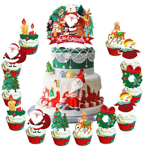 13pcs Weihnachten Kuchen Topper für Dekoration, Frohe Cupcake Toppers, Tortendeko Zahnstocher Flaggen für Backdeko Tisch Deko