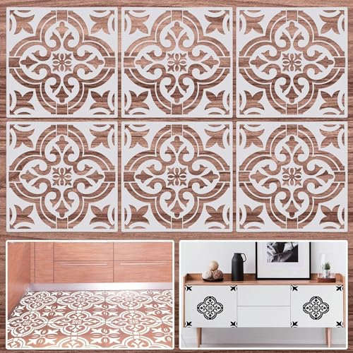 Lot de 6 pochoirs de peinture pour carrelage - Motif mandala - Pour peinture par pulvérisation, rouleau éponge, bricolage, convient aux tailles standard de carrelage (30 x 30 cm)