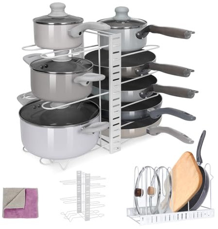 Masthome Pan Organiser for Cupboard, Pots and Pans Organiser, Pan Storage for Kitchen Cupboards with 8 Adjustable Non-Slip Dividers, Metal Pan Holder with 3 DIY Methods for Pots and Pans