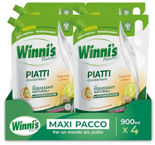 Winni's - Detersivo Piatti a Mano in Ecoformato, Concentrato, Ipoallergenico, con Sgrassanti Naturali da Biofermentazione, Bergamotto e Zenzero, Materie Prime di Origine Vegetale, 900ml x 4 Confezioni