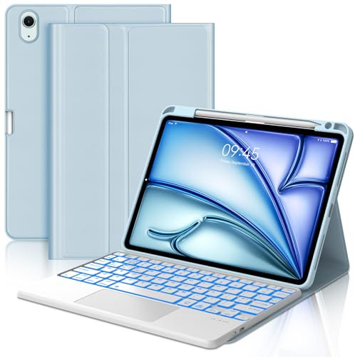 Keyboard Case with Touchpad for iPad Air 11'' (M2) 2024, Wireless Detachable Bluetooth Backlit Trackpad Keyboard with Protective Cover and Pencil Holder for iPad Air 11 inch 2024 Tablet, Sky Blue