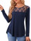 Amoretu Lace Tops for Women UK Long Sleeve T Shirts Ladies Blouses Mesh Tee Shirts Navy Blue Size 20 22