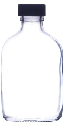 Small Glass Bottles Flask (50ml) with Caps - Perfect for Weddings - Mini Hip Flask Style (Black Plastic Lid, Pack of 70)