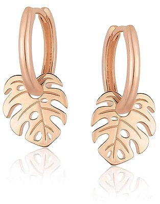 Mary & Jules Ohrringe Rosegold mit Monstera Blatt Anhänger, 925 Sterling Silber, rosé vergoldet, Damen Creolen Rosegold für Frauen und Mädchen, Monstera Creolen aus recyceltem Silber