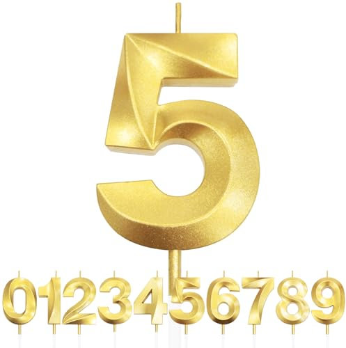 Nummer 5 Geburtstagskerze, 5. Geburtstag Kerze, 3D Design Gold Glitter Nummer Kerzen, Cake Topper Dekorationen, Kuchen Kerze für Geburtstagsparty, Hochzeitstag, Baby-Dusche, Party-Dekoration