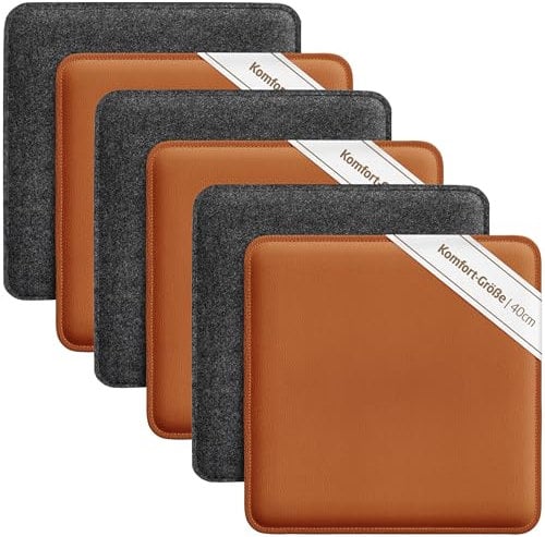Miqio Design Sitzkissen | Wendekissen Rechteckig aus Filz und Kunstleder | Komfortgröße XL Stuhlkissen 40x40 cm | 6er-Set | Sitzauflage für Bank und Stuhl |Dunkelgrau-Cognac