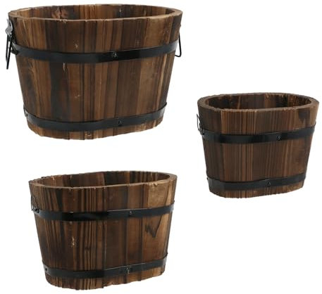 MY MIRONEY Lot de 3 pots de fleurs en bois de style vintage avec poignées en métal, ovale, petit, moyen et grand