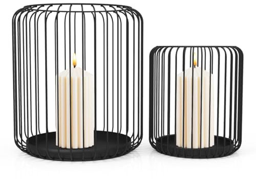 Matte Black Cylindrical Candle Holders Set of 2, Cage Candle Holder for Pillar Candle, Suitable for Events, Parties, Christmas Day Gift, Wedding Decorations (Cylindrical)
