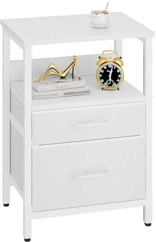 YMYNY Comodino, Tavolino con 2 Cassetti in tessuto, 2 Scaffale aperte, Tavolino Salotto, Tavolino da Divano, Tavolino da Notte per Camera da Letto, Soggiorno, Bianco con venatura di legno HST011W