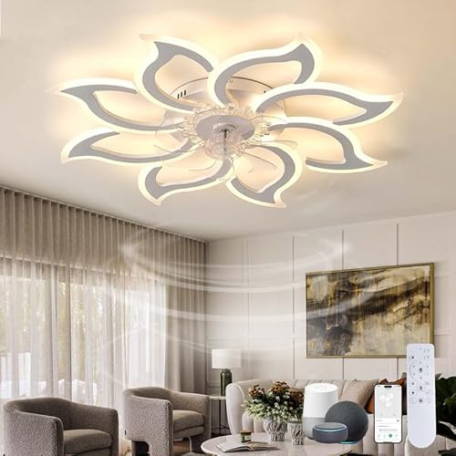 Caufloce Groß Deckenlampe mit Ventilator LED Schlafzimmer kompatibel Alexa Dimmbar Deckenventilator mit Licht Reversibel Leise Lampe mit Ventilator Blume Smart 6 Gang für Wohnzimmer, Salon-Weiß