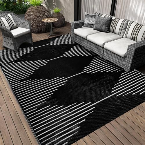 Falflor Grand tapis d'extérieur 240 x 300 cm pour jardin, terrasse, terrasse, imperméable, pliable, en plastique, résistant aux UV, pour plage, camping, camping-car (noir)