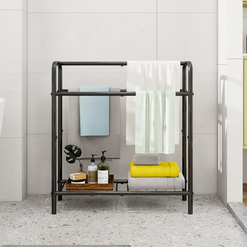 HAHRIR Porte-serviettes en métal à 3 niveaux - Petit porte-serviettes autoportant pour salle de bain, peu encombrant, chambre à coucher, salle de bain, piscine - Noir - 70 x 27 x 76 cm