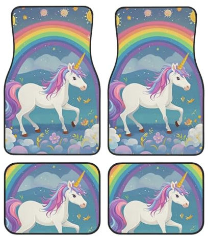 Auto Fußmatten 4 Stück Universal Auto Fußmatten Einhorn und Regenbogen Automatten Set Kristall Samt Fußmatten für Auto Rutschfeste Auto Fußpolster Auto Teppich Auto Liner Dekor Fersenpolster für SUV