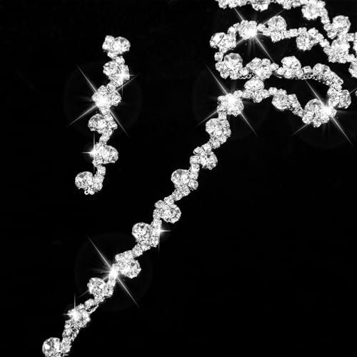 JJUNW 2 Yards Silber Strassband, Kristall Strass Besatzkette Glitzerband Strasskette zum Nähen Diamant Borte Band, Glitzer Strass Borte Band für DIY Basteln Blumenstrauß Party Tischdeko