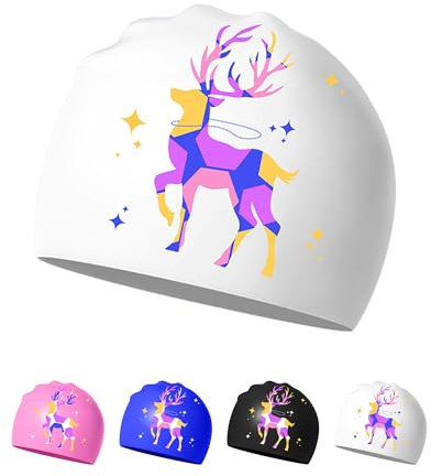 Bonnet de Bain Femme en Silicone Antidérapant, Résistant à l'eau – Design Moderne pour Piscine et Natation (Cerf Blanc)