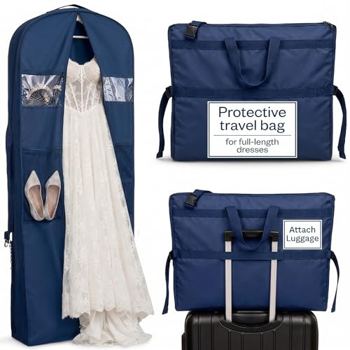 Wedding Dress Garment Bag 72 – Waterproof Trifold Travel Garment Bag for Bridal Gown with Shoulder Strap, Suitcase Sleeve & Accessory Pockets – Fits Full Skirts, Oxford Fabric, Carry Handle