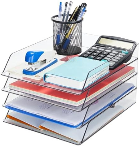 Vassoio per lettere da scrivania, confezione da 2, trasparente, impilabile, organizer da scrivania e porta carta, organizer per documenti, formato A4, cartelle per libri e documenti per casa, ufficio,
