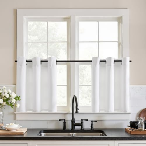 TOPICK Scheibengardinen modern Bistrogardine Küche H60xB90 2er Set Weiß | Bistrogardine Wohnzimmer Schlafzimmer Küchenvorhang Küche Gardine Küchengardinen Küchenvorhänge Landhausstil