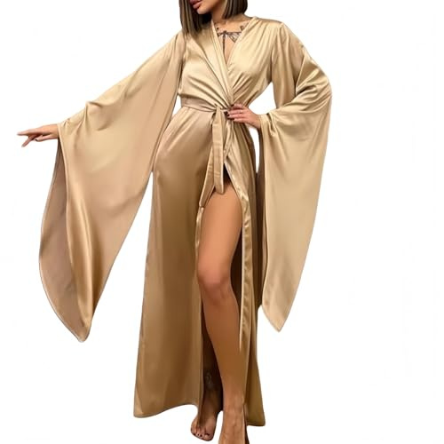 ThiCc Women's Satin Maxi Robe - Long Silk Kimono Bathrobe Floor Length Dressing Gown with Belt Elegant Lightweight Sleepwear for Bride Bridesmaid Wedding Lounge Spa Hotel Vacation