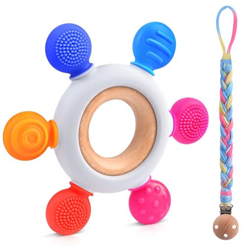 Vicloon Beißring für Babys, Baby-Beißspielzeug BPA-frei Spielzeug, Baby Ruder Greifling Zahnen Nursing Zubehör Silikon mit Hölzern Ring, 3-6-12 Monate Babys (Farbe)