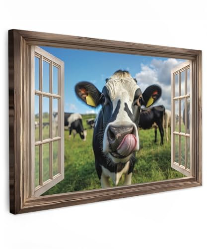 MuchoWow© Impressions sur Toile 90x60 cm Deco Tableau Murale Decoration Salon Peinture Tableaux Chambre Toiles Maison Vue de la Fenêtre - Vache - Pâturage - Animaux - Nature