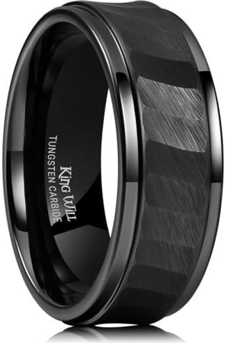 King Will HAMMER 8mm schwarzer Wolframkarbid-Ring, gehämmert, gebürstet, Herren Ehering, komfortable Passform