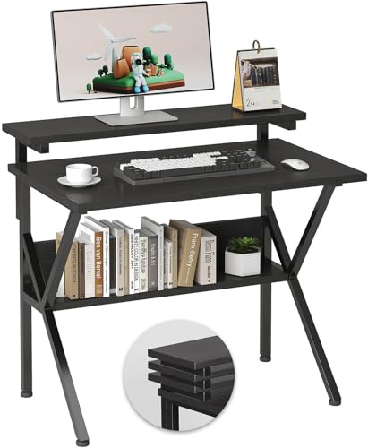 COTUBLR 70 x 48 cm Desk, Small Computer Desk for Small Spaces, Gaming Desk with Adjustable Monitor Stand, Modern Simple Style Compact Desk, Study Writing Table for Home Office, Black