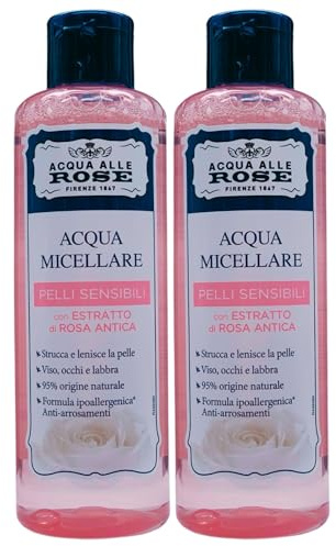 2x Acqua Micellare PELLI SENSIBILI Con Estratto Di Rosa Antica. Strucca e Lenisce Viso, Occhi e Labbra. Formula Ipoallergenica, Anti-Arrossamenti 200ml