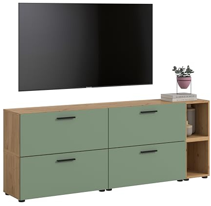 xonox.home – Wohnkombination The One 176x67x34 cm in Artisan Oak und Smoke Green – Wandelement mit 4 Klappen – 10 Fächer bieten Platz für Medien & Zubehör in einem frischen, modernen Design