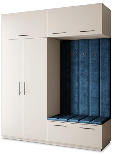 Masseno Flugarderoben Set Rema, Kleiderschrank-Set mit Sitzbank, Garderobenschrank Flur mit 5 Regalböden, Kaschmir