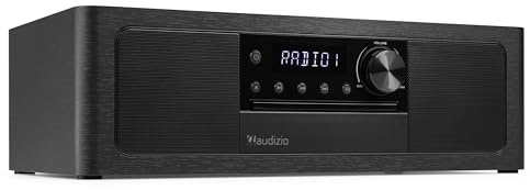 Audizio Lunata Premium DAB+ Radio, Bluetooth CD Stereo, 100W, HDMI ARC TV Soundbar, USB, FM, Optical, AUX, Remote, All-in-One Wooden Music System, Black