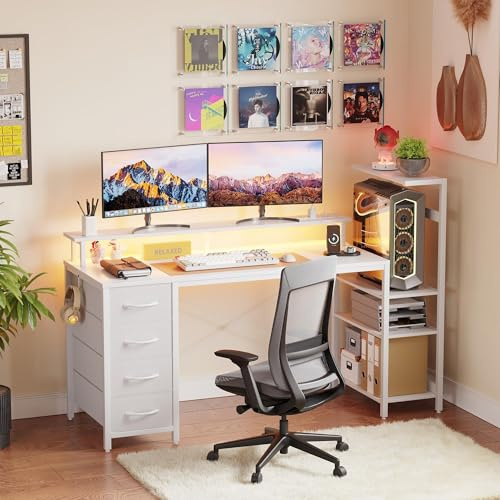 YOUDENOVA Gaming Schreibtisch mit 4 Stoff Schubladen, 150x48cm Reversibel Computertisch mit LED & Steckdose, Bürotisch mit Monitorständer, USB-Anschluss，PC Tisch für Home Office & Gamer Weiß
